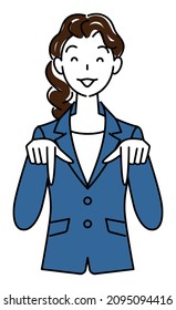 A pretty woman in a suit, smiling and pointing downward with her finger. Business person illustration vector