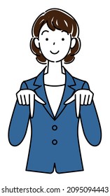 A pretty woman in a suit, smiling and pointing downward with her finger. Business person illustration vector