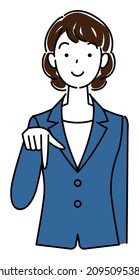 A pretty woman in a suit, smiling and pointing downward with her finger. Business person illustration vector
