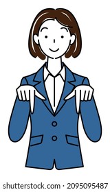 A pretty woman in a suit, smiling and pointing downward with her finger. Business person illustration vector