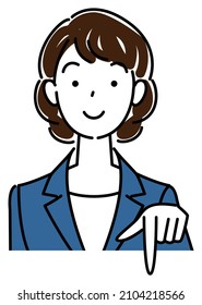 A pretty woman in a suit, smiling and pointing in the direction below. Business person illustration vector