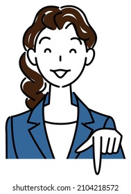 A pretty woman in a suit, smiling and pointing in the direction below. Business person illustration vector