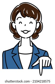 A pretty woman in a suit, smiling and pointing in the direction below. Business person illustration vector