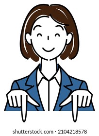 A pretty woman in a suit, smiling and pointing in the direction below. Business person illustration vector