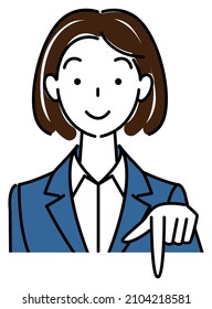 A pretty woman in a suit, smiling and pointing in the direction below. Business person illustration vector