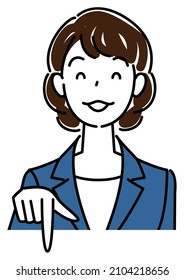 A pretty woman in a suit, smiling and pointing in the direction below. Business person illustration vector