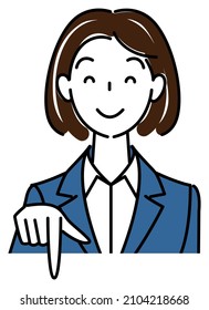 A pretty woman in a suit, smiling and pointing in the direction below. Business person illustration vector
