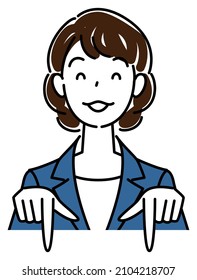 A pretty woman in a suit, smiling and pointing in the direction below. Business person illustration vector