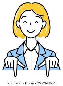 A pretty woman in a suit, smiling and pointing in the direction below. Business person illustration vector