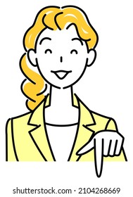 A pretty woman in a suit, smiling and pointing in the direction below. Business person illustration vector