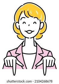 A pretty woman in a suit, smiling and pointing in the direction below. Business person illustration vector