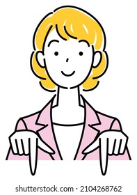 A pretty woman in a suit, smiling and pointing in the direction below. Business person illustration vector