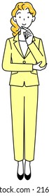 A pretty woman in a suit thinking of a positive resolution. Full body standing illustration Vector