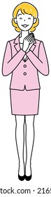 A pretty woman in a suit who is happy to put her hands together after coming up with a good idea. Full body standing illustration Vector