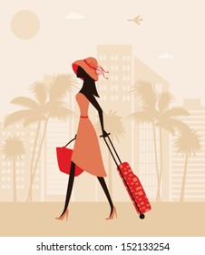 Pretty woman with a suitcase at the resort. Vector