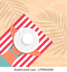 Pretty Woman Is Sunbathing. Young Lady, Girl Wearing Bikini And White Hat Lying On The Beach On A White And Red Striped Towel. Vector Illustration. Top View