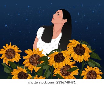 A pretty woman with sunflowers and night stars sky. A flat modern vector illustration for posters, magazine covers, books, and cards.