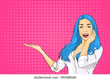 Pretty Woman. Surprised Girl. Open Palm Gesture To Copy Space, Pop Art Colorful Retro Style. Vector Illustration.