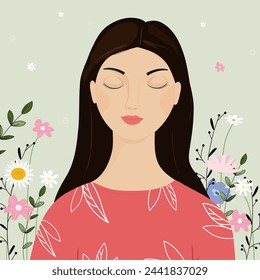 pretty woman surrounded by flowers. Vector illustration