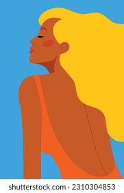 Pretty woman in swimsuit. Bikini, slim shape, tan, long hair, sultry shiny day. Summer day at the beach concept. Vacation mood. Illustration for party, event, banner. Modern vector print in minimalist