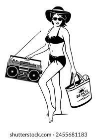 Mujer bonita en traje de baño con reproductor de cassette vintage en una fiesta en la playa en el estilo disco de los años 70. Vector Clipart aislado en blanco.