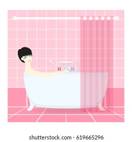 Pretty Woman taking a bath. Vector illustration.