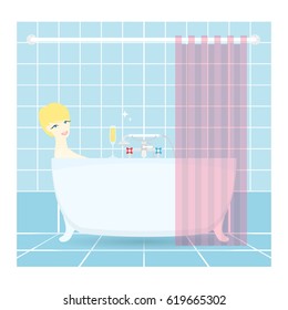 Pretty Woman taking a bath. Vector illustration.