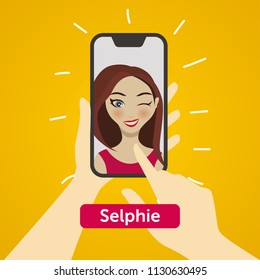 Pretty woman taking selfie picture on smartphone. Female hands hold smartphone vector illustration.