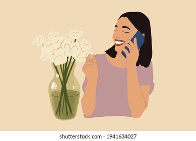 Pretty woman talks on the phone and grateful for presented a bouquet of white tulips. Vector illustration in flat style. Spring mood and flower delivery concept. 