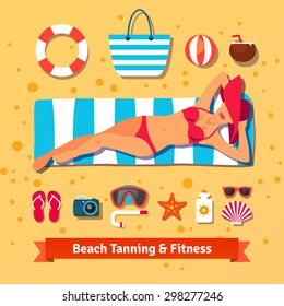 Pretty woman tanning on the beach and set of sea vacation icons. Flat vector illustration.