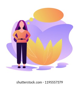 Pretty woman with thinking bubble. Vector illustration with gradient purple background.