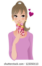 Pretty woman thinking of someone to give Valentine's day gift. EPS10. Vector. Transparency, blending tool, gradation is used.