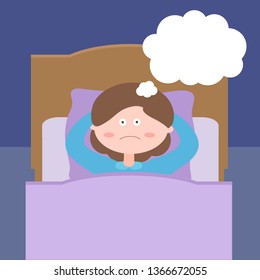 Pretty woman thinks before bedtime, lying in bed. Insomnia. Vector illustration. 