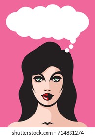 Pretty woman with thought bubble vector illustration.
Attractive female thinking deep thoughts. Simply add your text to the empty thought bubble to complete this design element.