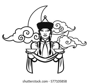 Pretty woman in traditional buryatian costume. Member of native siberian people. Vector hand drawn illustration isolated on white background.