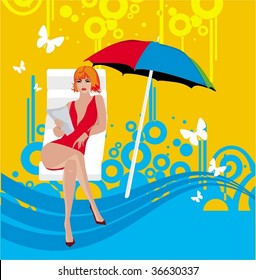 Pretty woman under umbrella on beach