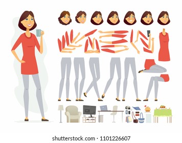 Pretty woman - vector cartoon people character constructor isolated on white background. Cute girl in casual clothes in different poses, hairstyle, emotions with accessories, workplace, home furniture