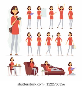 Pretty woman - vector cartoon people character set isolated on white background. Cute girl in casual clothes in different poses situations, at home, at work, having dinner, relaxing on a sofa