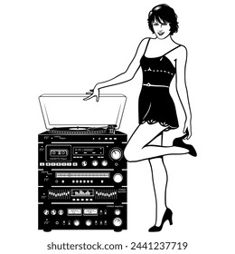 Pretty Woman and Vintage Audio System of Vinyl Player, Audio Cassette Player, Radio Tuner, Equalizer and Stereo Amplifier.