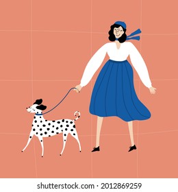 Pretty woman walking the dalmatian. Adorable purebred dog and young girl in blue skirt, white blouse and blue beret. Hand drawn vector illustration