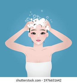 Pretty woman washing her hair. Hair care shampoo routine