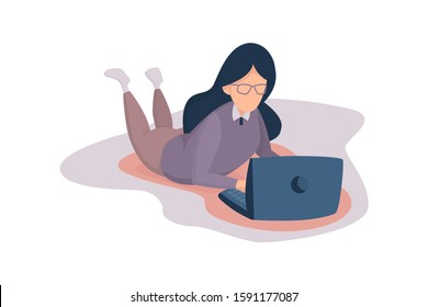 Pretty woman wearing glasses is working at her laptop. Working-at-home freelancer concept. Freelancing theme. Flat design vector illustration.