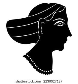 Pretty woman wearing necklace. Female portrait in profile. Head of a lady or goddess from Acrotiri. Thera island. Cyclades, Greece. Ancient Greek Cretan Minoan art. Black and white silhouette.