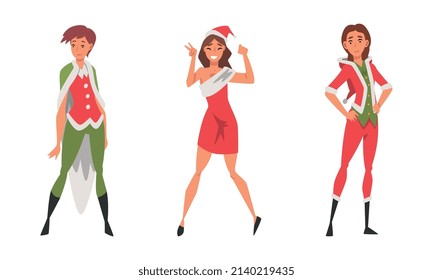 Pretty Woman Wearing Red Santa Claus Costume Standing with Beaming Smile on Her Face Vector Set