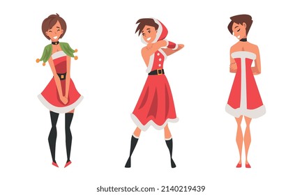 Pretty Woman Wearing Red Santa Claus Costume Standing with Beaming Smile on Her Face Vector Set