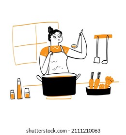 La linda mujer que es ama de casa cocinando, dibujando a mano, líneas negras, ilustración de dibujos de mano estilo doodle.