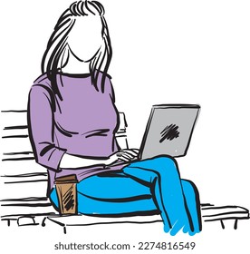 jolie femme travaillant avec un ordinateur portable et buvant du café assise sur un banc-parc illustration vectorielle