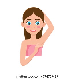 Pretty woman wrapped in towel is going to shave her armpits, depilation hair removal procedure, flat vector illustration isolated on white background. Woman shaving, epilating her armpits, underarms