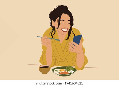 Pretty woman in yellow bathrobe enjoys breakfast in the morning, eating eats fried egg with avocado and fish and coffee while using a phone. Vector illustration. Healthy diet concept.