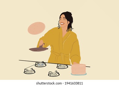 Pretty woman in a yellow bathrobe throws up pancake on a frying pan on gas stove. Cooking a sweet breakfast in the morning. Vector illustration.